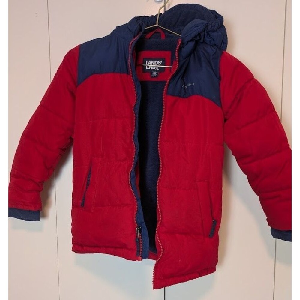 Lands' End Red and Blue Puffer Jacket Youth Boys XS 5/6 Warm Winter Coat